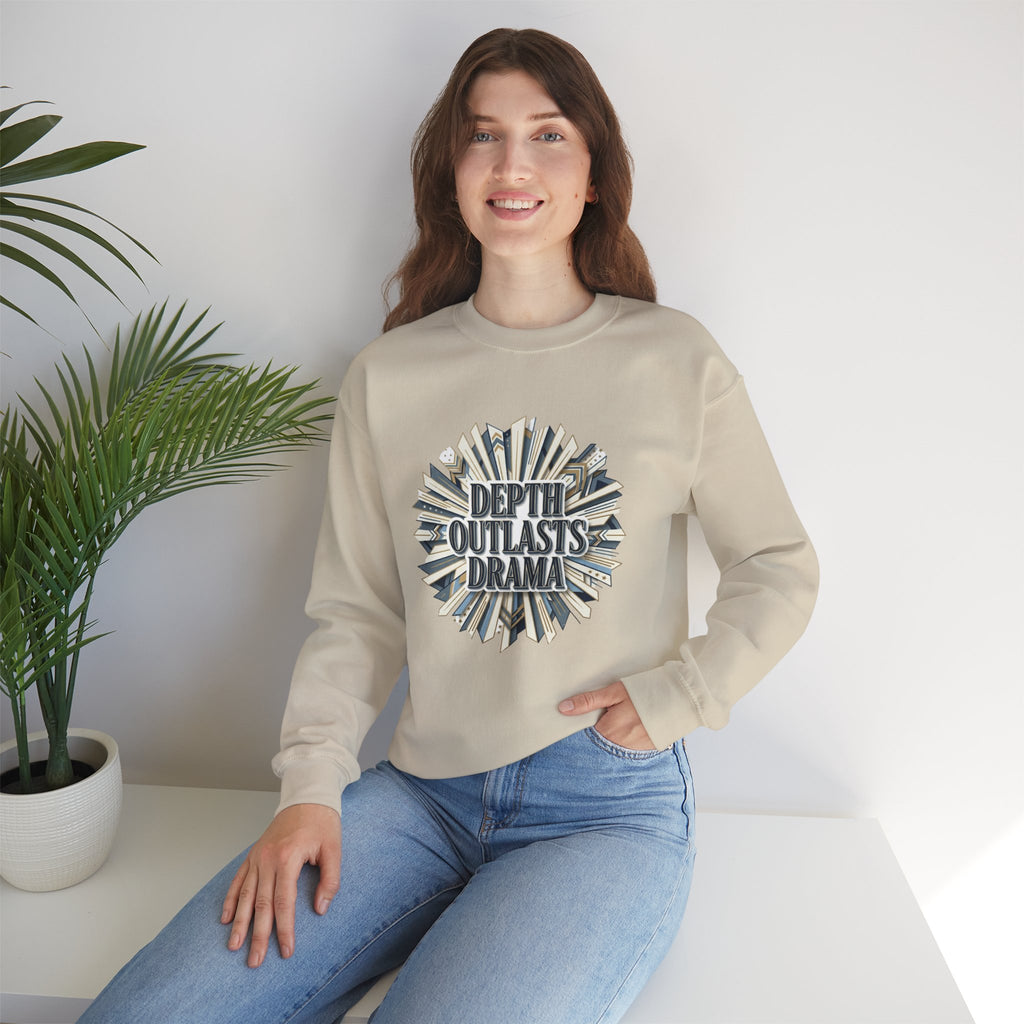 Crewneck Sweatshirt — "Depth Outlasts Drama" Graphic Pullover