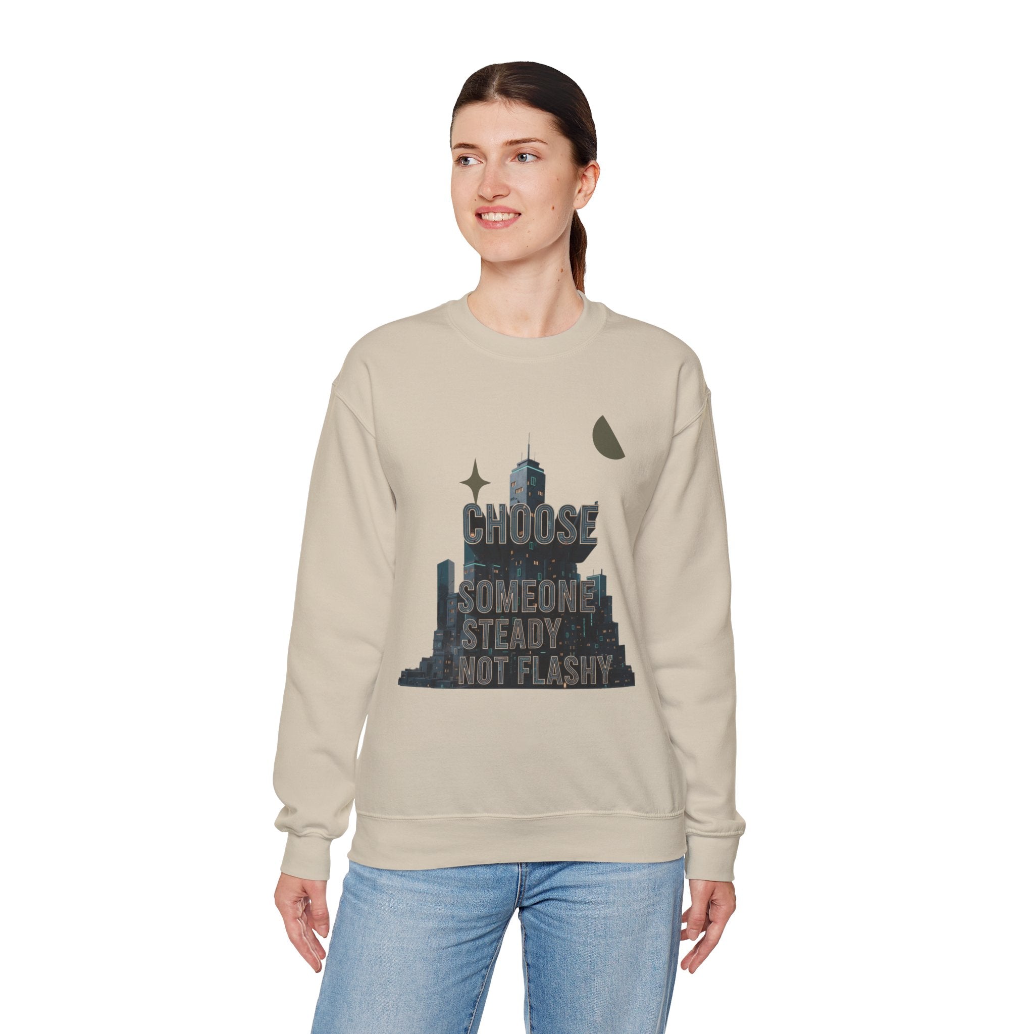 Art Deco Skyline Crewneck Sweatshirt | chrome accents, geometric luxe
