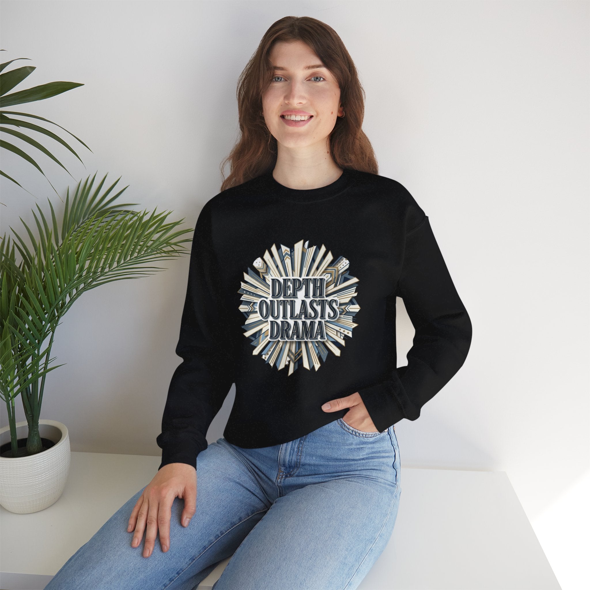 Crewneck Sweatshirt — "Depth Outlasts Drama" Graphic Pullover