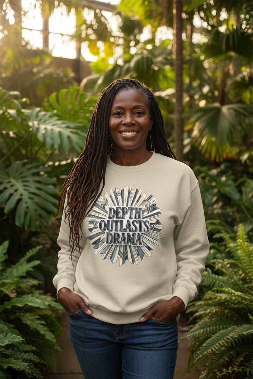 Crewneck Sweatshirt — "Depth Outlasts Drama" Graphic Pullover